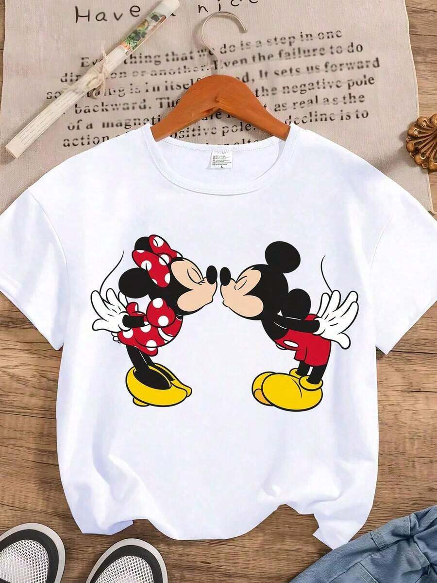 Disney Mickey & Minnie Series Graphic Print Casual Short Sleeve T-Shirt, Stretchy, Opaque, Easy Care Fabric, Suitable For Daily Wear - trắng - Xem 1