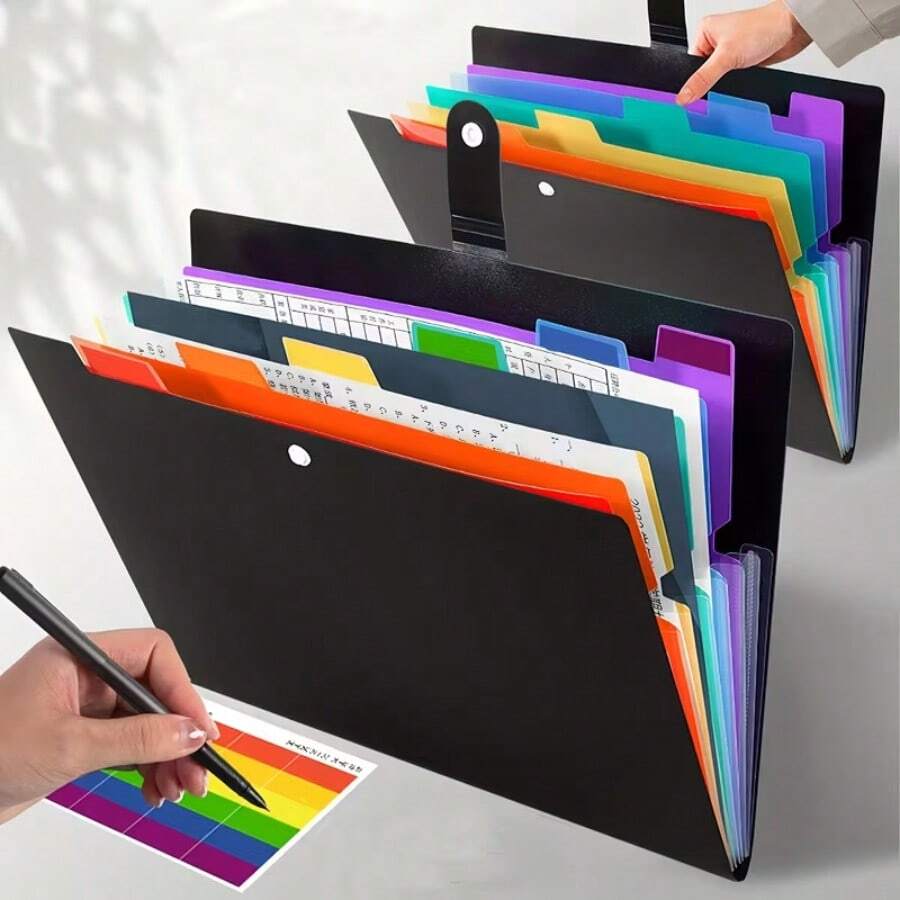 1pc Multipurpose File Folder, A4 Size, With 7 Labeled Pockets, Suitable For Letter Size Documents, Designed For Expanded File Storage, Ideal For School, Office And Home Organization. - Black - Rainbow Edition - View 1