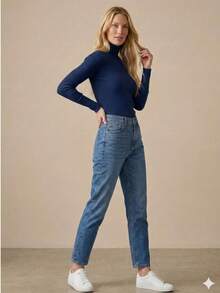 Cacharrel Women's Ribbed Blouse High Neck Long Sleeve Second Skin Simple Casual Fashion - Màu xanh hải quân - Xem 5