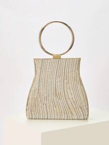 Gold Rhinestone Beaded Clutch With Metal Ring Handle - Gold - View 6