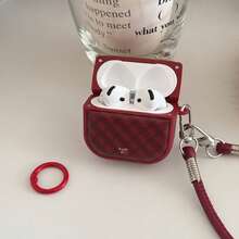 Funda para auriculares con cuadrícula a cuadros rojos y cordón, funda protectora de cuero para auriculares, compatible con Apple 1/2/3/4/Pro/Pro2/Pro3, funda protectora de auriculares de lujo con diamantes de imitación anti-caída - Rojo - Ver 4