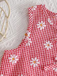 2pcs Girls Daisy Print Plaid Top And Pants Set, Summer - Red - View 5