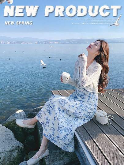 女士印花吊带连衣裙和长袖上衣优雅派对装扮