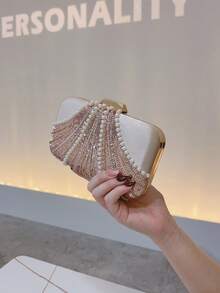 Women's Fashionable Sequined Pearl Evening Bag, Wedding Party Clutch For Socialites - Champagne - View 2