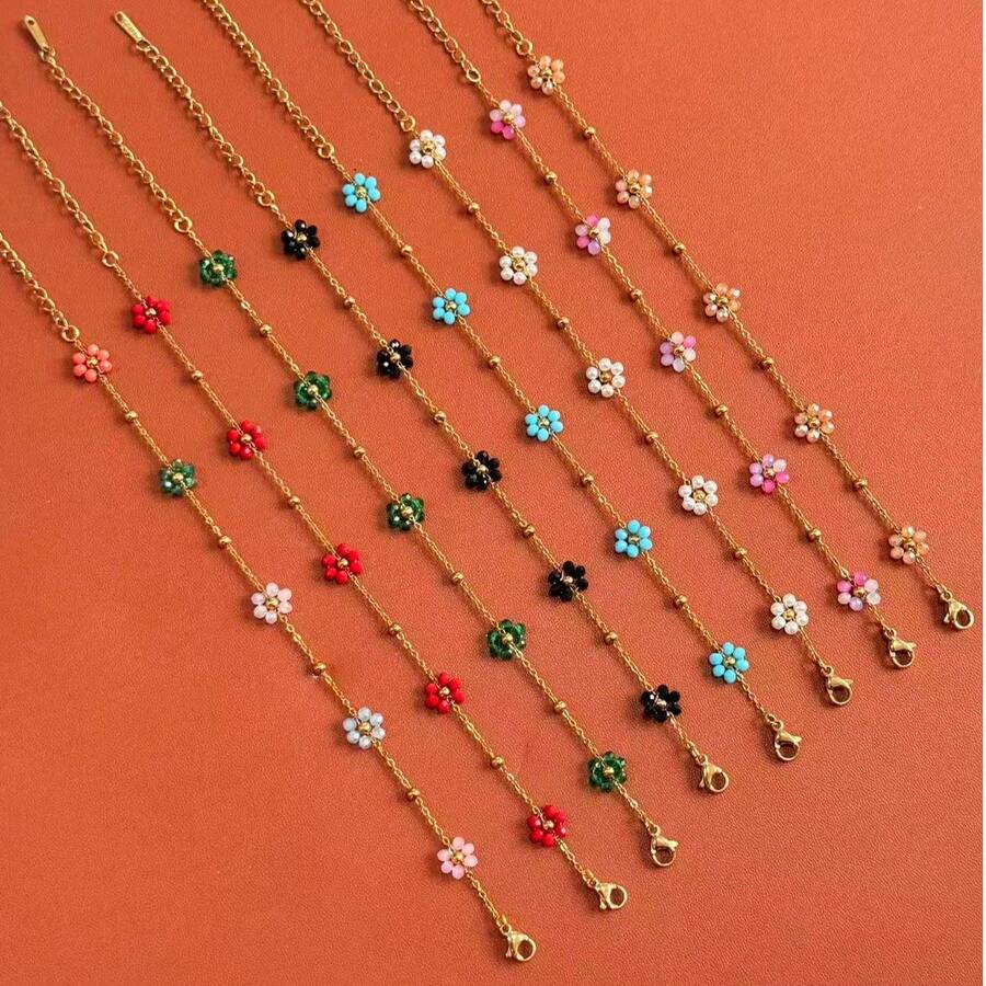 1pc Fashionable Delicate Twisted Faux Pearl Stainless Steel Bracelet, Handmade Woven Faux Crystal Flower Bead Chain, Suitable For Women's Daily And Party Wear - Beaded Flower Bracelet - View 1