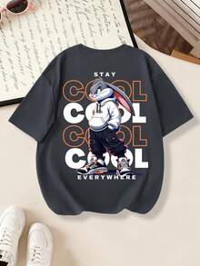 青少年男款寬鬆圖案T恤，街頭風兔子印花，「STAY COOL EVERYWHERE」標語，重複「COOL」字母裝飾，休閒街頭穿搭 - 深灰色 - 查看 3