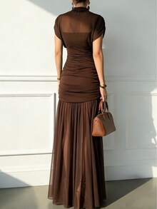 Solid Color Elegant Sexy Party Mesh Ruffle Splice Pleated Hem Dress, Suitable For Beach, Evening Date, Wedding, Birthday Party, Spring/Summer - Brown - View 2
