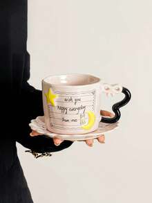 一套陶瓷咖啡杯，星形浮雕字母设计，独特的蝴蝶手柄，可爱的牛奶杯，适合生日派对、聚会、送礼，提升居家幸福感。 - 彩色 - 查看 16