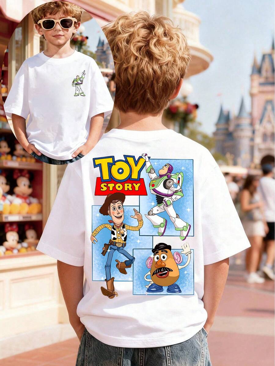 Disney Apparel, This Boy's T-Shirt Features A Double-Sided Toy Story Woody Cartoon. This Soft And Breathable Short Sleeved Round Neck T-Shirt Is Perfect For Spring And Summer Wear, Making It An Ideal Choice For Daily Wear, Vacation And Leisure, Outdoor Exploration, School Life, And Shopping Trips. It Is Also An Excellent Gift For The Same Boy And Girl. Every Child Deserves One. - trắng - Xem 1