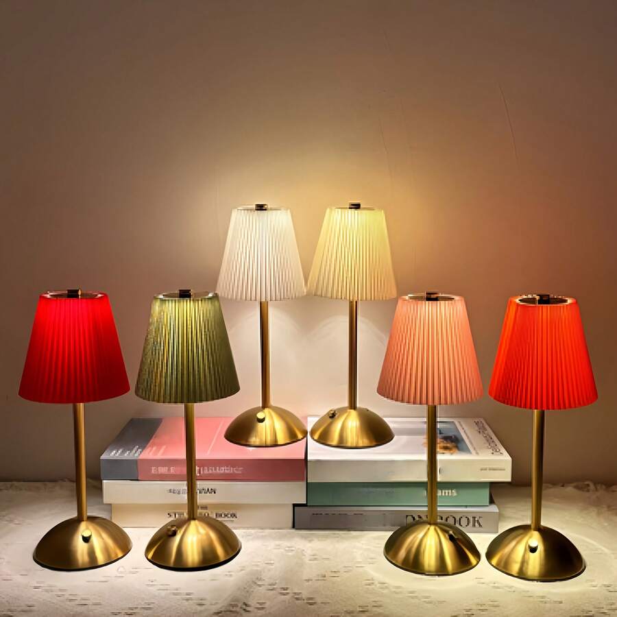 Đèn bàn LED xếp ly hiện đại, điều khiển cảm ứng, 3 mức nhiệt độ màu, có thể điều chỉnh độ sáng, cấp nguồn USB, sử dụng trong nhà, đế kim loại, chao đèn bằng vải xếp ly - Đèn ngủ cạnh giường