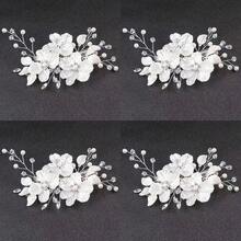 3pcs Bridal Wedding Flower Crystal Pearl Hair Clips, Rhinestone Inlaid Embossed White Flower Hair Accessories - White - View 14