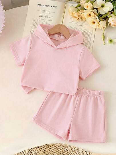 2件套女童休闲粉色连帽短袖上衣+短裤套装，夏季童装