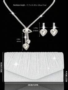 优雅女士水钻晚宴手拿包，闪亮褶皱手提宴会包，V形翻盖信封包，配有闪亮水钻首饰三件套，闪耀钱包，完美适用于派对、婚礼、舞会、晚宴/宴会、婚纱、正式场合、舞会礼服、生日礼服 - 銀色 - 查看 4