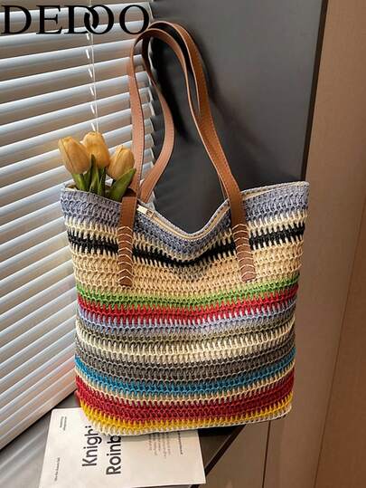 Dedoo Simple Casual Grass Woven Bag, Large Capacity Tote Woven Bag, 2026 Summer New Fashionable Beach Bag, Suitable For Vacation, Travel, Shopping.