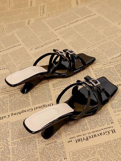 Women's Square Toe Criss-Cross Strap Black High Heel Sandals, Casual Versatile Open Heel Mule Sandals For Summer