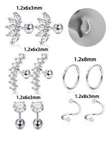 10 piezas Pendientes de aro pequeños en espiral de acero inoxidable de 16G, pendientes de aro unisex con circonita cúbica para perforación del cartílago de la oreja - Modelo plateado - Ver 2