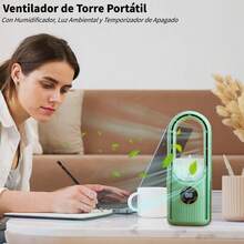 Ventilador de Torre Sin Aspas, Portátil, Modelo de Escritorio con Humidificador y Luz LED, Para Dormitorio, Oficina, Taller, Salon, Motor de 6 Velocidades, Potente y Silencioso - Verde - Ver 3