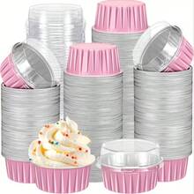 25/50pcs Pudding Cups With Lids - Mini Cake Boxes | Heat-Resistant Baking Cups | Round Foil Molds For Cheesecake And Fruit Cake Party Gifts, Suitable For Oven Home Use, DIY Cake Making Hobbyists Essential, Non-Stick Easy To Clean Mini Cups - Pink-1 - View 8
