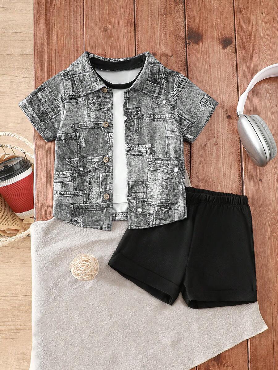 Set de 2 piezas de camisa de manga corta con estampado de denim falso + pantalones cortos para niños pequeños/niños, conjunto de verano para exteriores - Negro - Ver 1