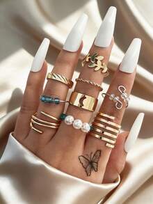 月牙珠减压叠层金戒指套装，甜美风格，女士款 - 金黃色 - 查看 1