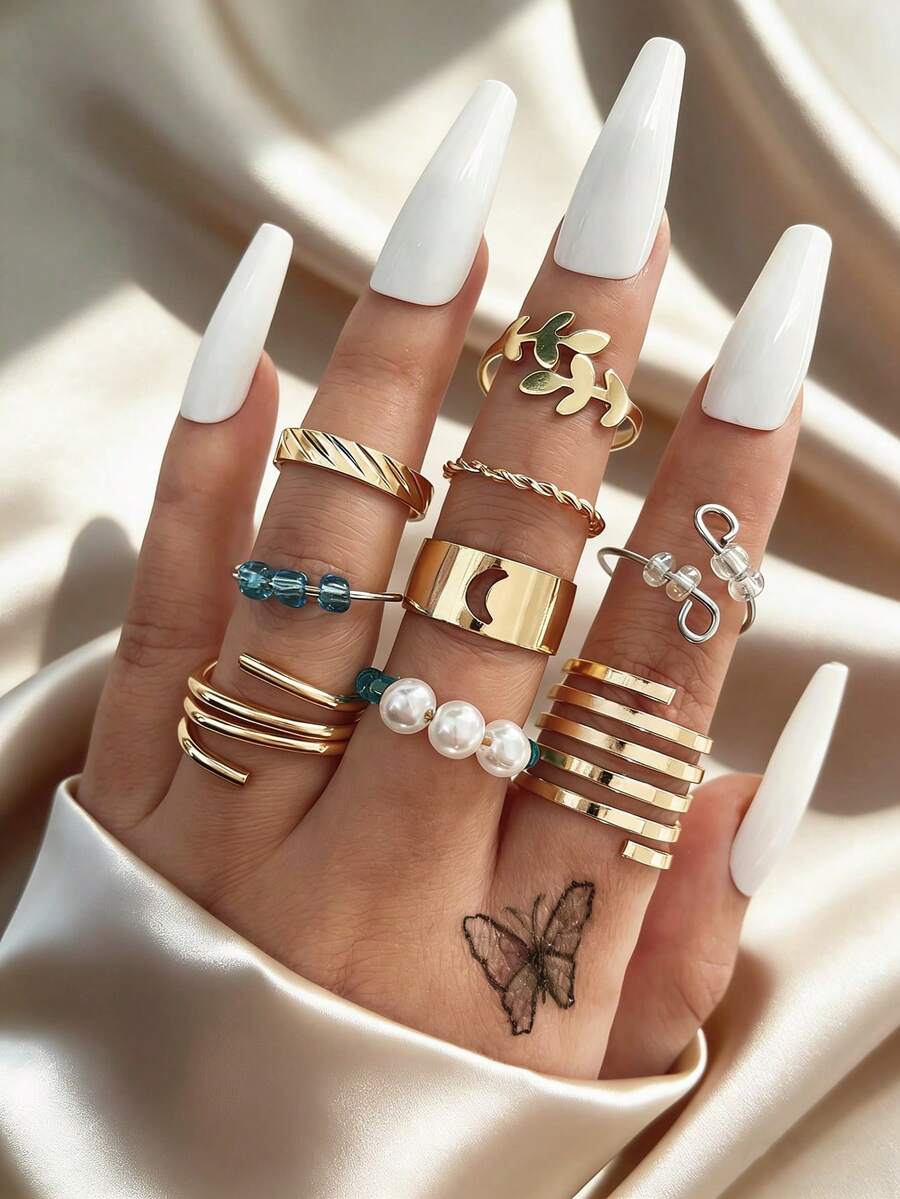 月牙珠减压叠层金戒指套装，甜美风格，女士款 - 金黃色 - 查看 1