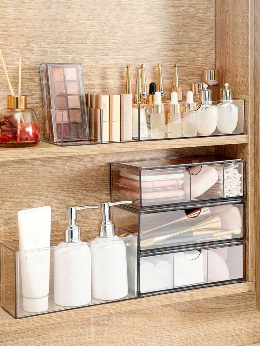 1 pieza Caja de almacenamiento con espejo, organizador de maquillaje con cajón, organizador colgante de tocador para baño, apto para escritorio, sala de estar, tocador de dormitorio, para guardar cosméticos, controles remotos, papelería, etc. - transparente - Ver 1