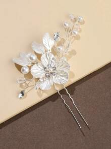 3pcs Bridal Wedding Flower Crystal Pearl Hair Clips, Rhinestone Inlaid Embossed White Flower Hair Accessories - White - View 4