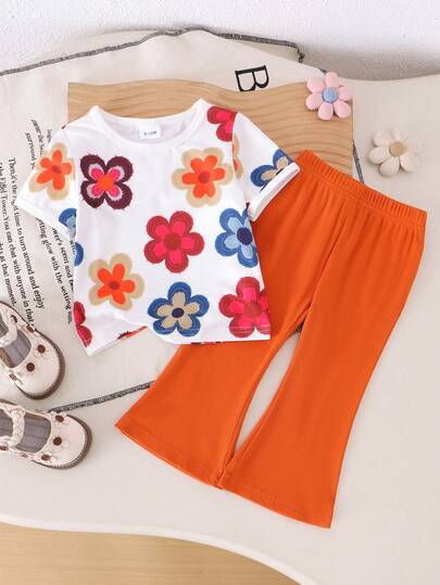 2件套女童休闲运动彩色碎花圆领短袖T恤+纯色喇叭裤套装，夏季