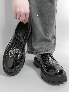 Elegant, Comfortable Daily Commute Versatile Solid Color Plus Size Low-Top Formal Shoes, Fashionable Pointed Toe Lace-Up Leather Shoes, Black Retro Gentleman Shoes, Suitable For Formal Occasions - Black - View 20