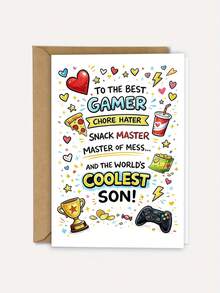 1pc "To The Best Gamer, Coolest Son!" Funny Gamer Son Card With Envelope - Cartoon Video Game Design, Ideal For Birthday, Father's Day & Just Because, Blank Inner Page - A - View 2