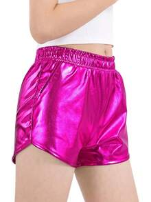Girls Metallic Shorts Sparkly Hot Pants Shiny Dance Outfits Short Pants - 玫紅色 - 查看 2