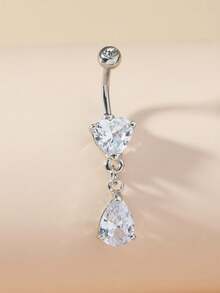 1 pieza Anillo del ombligo con cola de flecos y corazón largo con circonia cúbica AAA, joyería para piercing del ombligo - Plateado - Ver 11