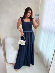 Long Dress With Lace Detail At The Waist, Duna Fabric. - 藏蓝色 - 查看 4