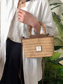女士小众设计草编包，手工制作，复古纹理风格，通勤和度假单肩包 - 棕色 - 查看 9