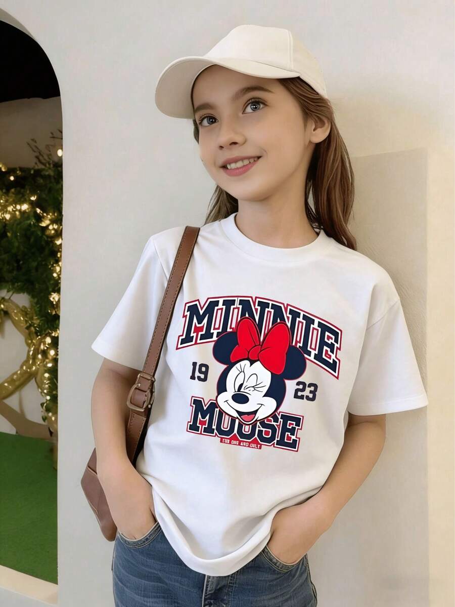 Disney Minnie Mouse Girls T-Shirt For Kids 2-14 | Soft Breathable Casual Tee With Varsity Print | Spring & Summer Everyday Wear | Durable Comfortable Kids Top | Express Delivery - 白色 - 查看 1