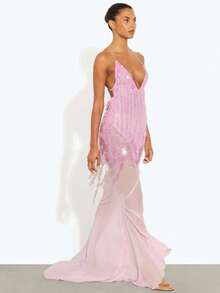 Temperament Skinny V-Neck Sexy Suspender Backless Slim Bead Fish Tail Dress Long Dress - Pink - View 2