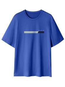 Camiseta de manga corta de cuello redondo con estampado de letras y rayas, versátil para el uso diario y el trayecto, para verano - azul real - Ver 2