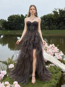 Faeriesty Women's Leopard Print Strapless Ruffle Hem Slit Design Evening Gown Dress, Suitable For Modern Art Gallery Openings And Avant-Garde Galas - Brown - View 5