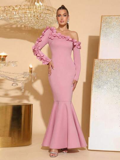 New Arrival 3D Floral Decor Sexy Asymmetrical Shoulder Elegant Mermaid Dress, Long Sleeve, Formal Gown For Wedding Guest, Bridesmaid, Party, Evening