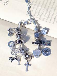 1 pieza Pulsera con dijes de guitarra y piano de festival de música, pulsera gótica con cruz y serpiente de remolino oscuro, pulsera punk con dados y estrella, pulsera con cruz y ojo del diablo - Plateado - Ver 5