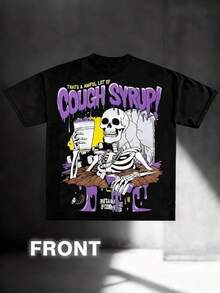 Printed T-Shirt Cotton Plus Size Men's Clothing, Men's 100% Cotton Y2K Retro T-Shirt - Thick Short Sleeve Winter & Autumn Casual Tee With Cough Syrup Print, Gum-Like Iconic 2000s Graphic, Machine Washable Round Neck Shirt For Daily Wear & Nostalgic Outfits ,Y2K,Oversized Shirt Men S-5XL,Summer Tops - 黑色 - 查看 1