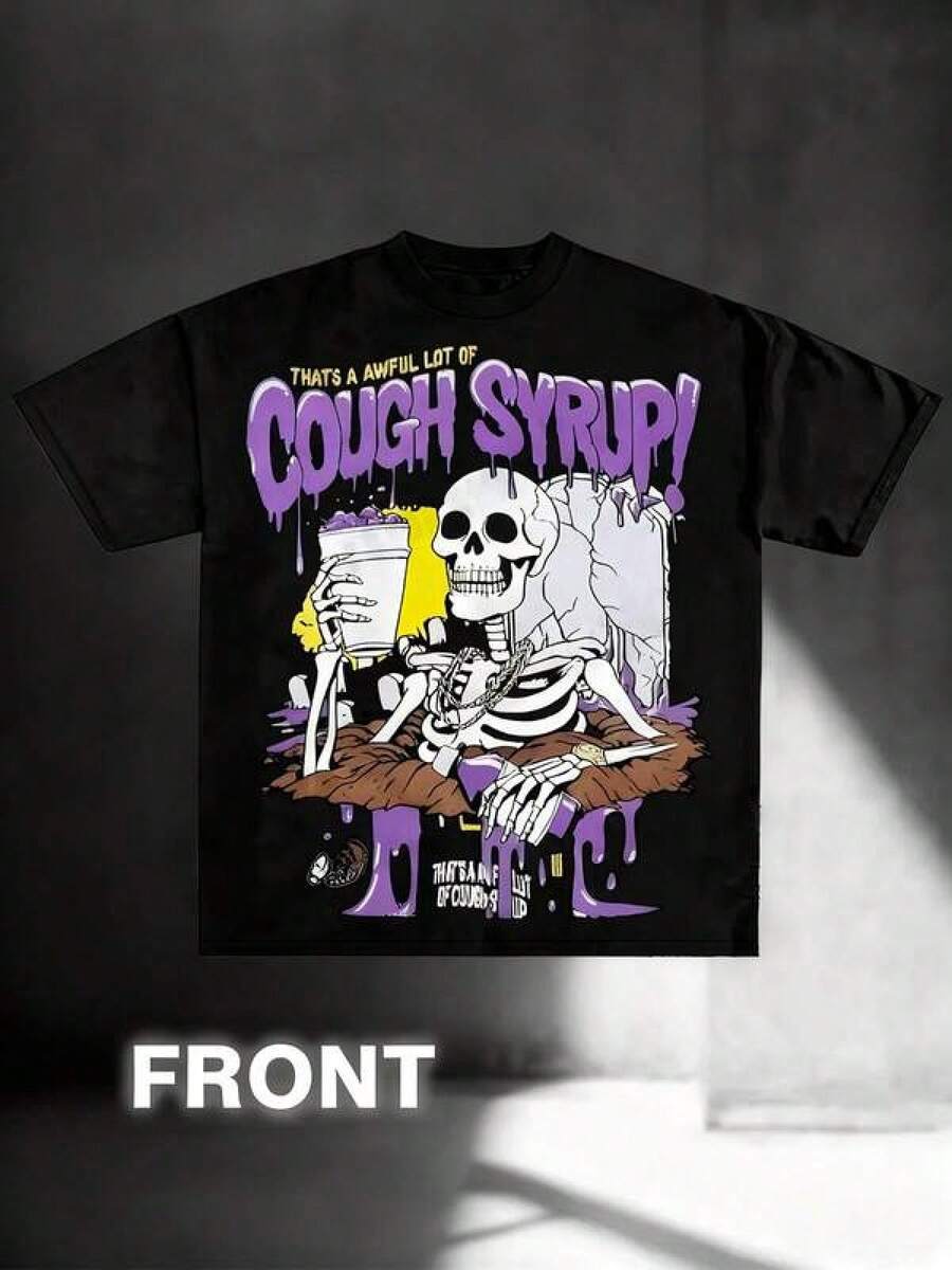 Printed T-Shirt Cotton Plus Size Men's Clothing, Men's 100% Cotton Y2K Retro T-Shirt - Thick Short Sleeve Winter & Autumn Casual Tee With Cough Syrup Print, Gum-Like Iconic 2000s Graphic, Machine Washable Round Neck Shirt For Daily Wear & Nostalgic Outfits ,Y2K,Oversized Shirt Men S-5XL,Summer Tops - 黑色 - 查看 1