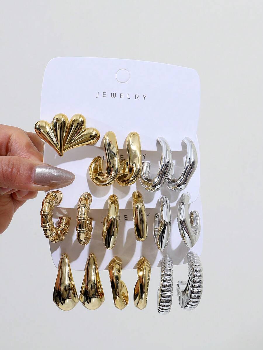 1-9 paires de boucles d'oreilles asymétriques en forme de C vintage minimalistes en or et argent mélangés, fabriquées en plastique de haute qualité, convenant comme cadeaux pour les amis, la famille et les petites amies - Or et argent - Voir 1