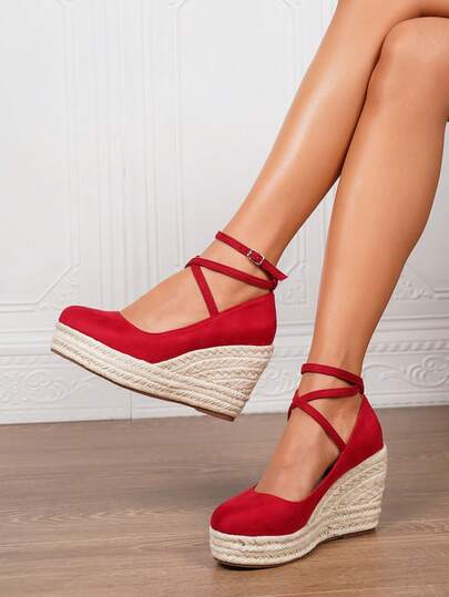 Women's Wedge & Platform Slip-On Espadrille Shoes, Black Round Toe Vacation Beach Woven Strap Sandals, Vacation Rope Sole Elastic Band Paired With Women's Shoes