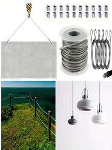 1 Set 304 Stainless Steel Wire Rope, 393 Ft Long 1/32" Wire Rope With 20 Pcs Rectangular Aluminum Sleeves, Suitable For String Lights, Clothesline - Silver - View 2