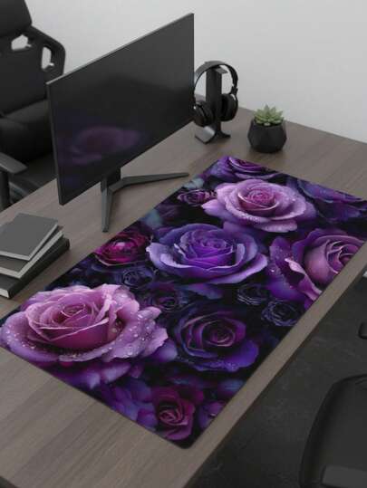 大尺寸鼠标垫，防水防滑光滑布面，逼真的紫色玫瑰露珠摄影图案，可用作键盘垫、桌面垫或书垫，适合游戏玩家、办公室和宿舍使用，兼容鼠标和轨迹球，是送给游戏玩家的理想礼物。