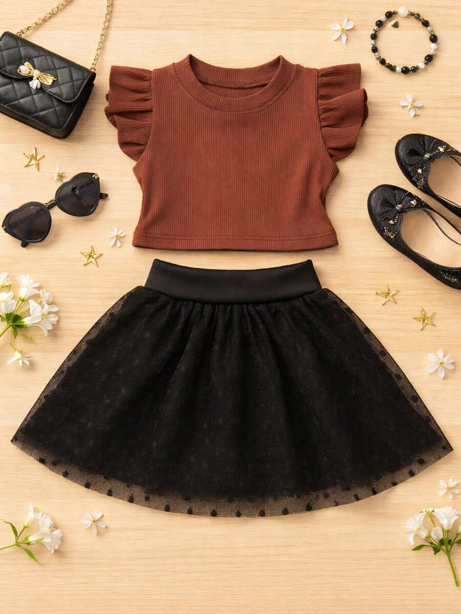 Girls' Outfit Set: Tulle Shorts Skirt With Ruffle And Cropped Top With Ruffled Frills, Pleated, Spring And Summer CJI043 - Black and Caramel - View 1
