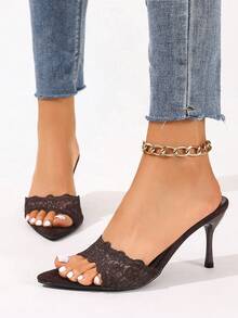 Black Open Toe Mesh Summer New Fashion Stiletto High Heel Sandals, Minimalist Versatile Women's Formal Sandals, Pointed Toe Elegant Stiletto Slide Sandals, Women's High Heel Shoes, Women's Brown High Heel Shoes - Brown - View 6