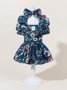 一套宠物薄纱礼服，带蝴蝶结，可爱印花宠物婚纱，弹力网纱公主裙，适合猫狗 - 彩色 - 查看 1