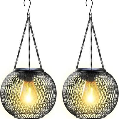 2pcs/1pc Solar Lantern, Outdoor Waterproof Hanging Solar Iron Lantern, Retro Metal Solar Lantern With Hook, IP65 Outdoor Garden Decor Light, Suitable For Garden, Yard, Patio, Pathway, Gazebo, Porch, Trees, Lawn, Walkway